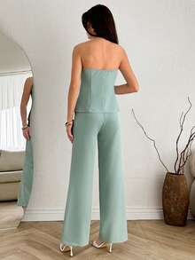 SHEIN Women Two Pieces Outfits Tops And Pant Sets - Mint Green - View 2