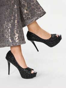 Glitzique 2025秋冬季女士性感高跟厚底露趾细跟鞋，派对装扮 - 黑色 - 查看 4