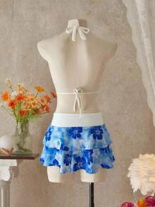 Bellisia Women's Summer Beach Music Festival Flower Pattern Skirt Halter Casual Vacation Style Bikini 3-Piece Set - Multicolor - View 2