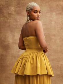 Twill Sweetheart Neck Drop Waist Ruffle Peplum Hem Strapless Top - Yellow - View 2