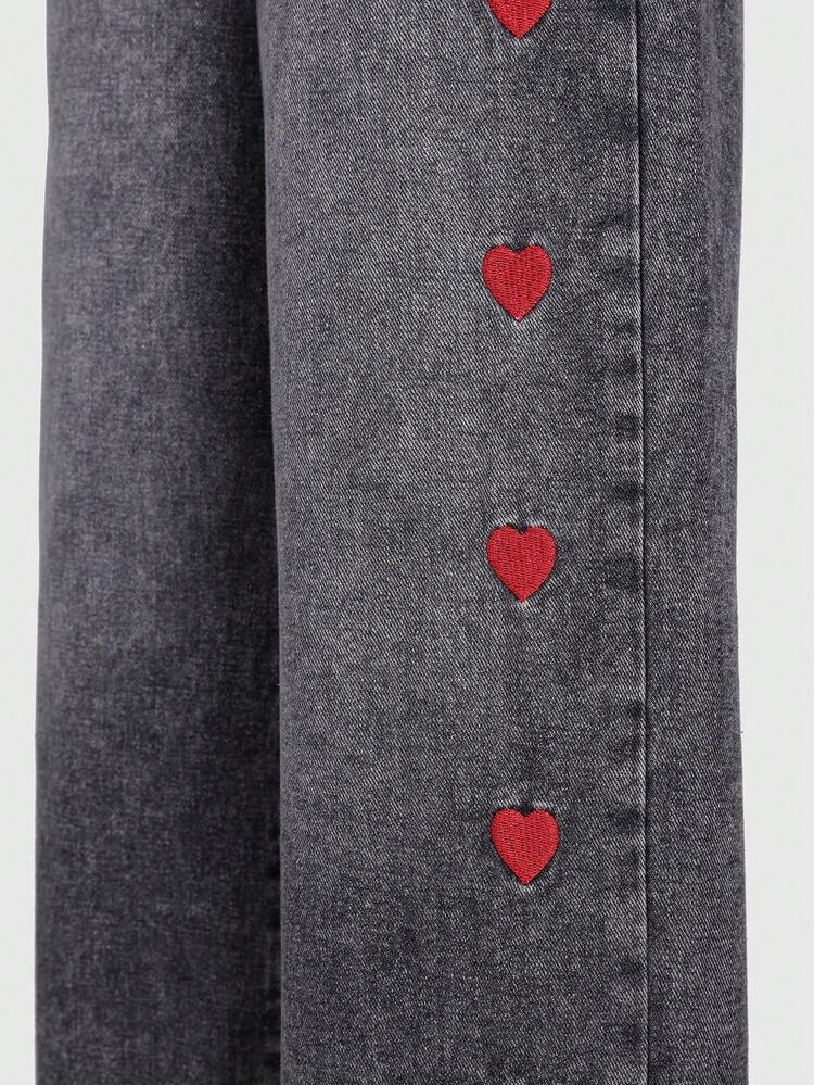 Jeans a gamba dritta con vestibilità morbida e ricamo a forma di cuore, nuova moda per ragazze - nero - Visualizzare 6