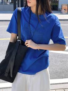 DAZY 女士休闲纯色蕾丝蝴蝶结刺绣T恤，夏季 - 藍色 - 查看 4