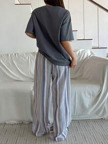 DAZY Women's Casual Letter Print Loose T-Shirt Top And Striped Pajama Pants Sleepwear Set, Summer - Grey - View 2