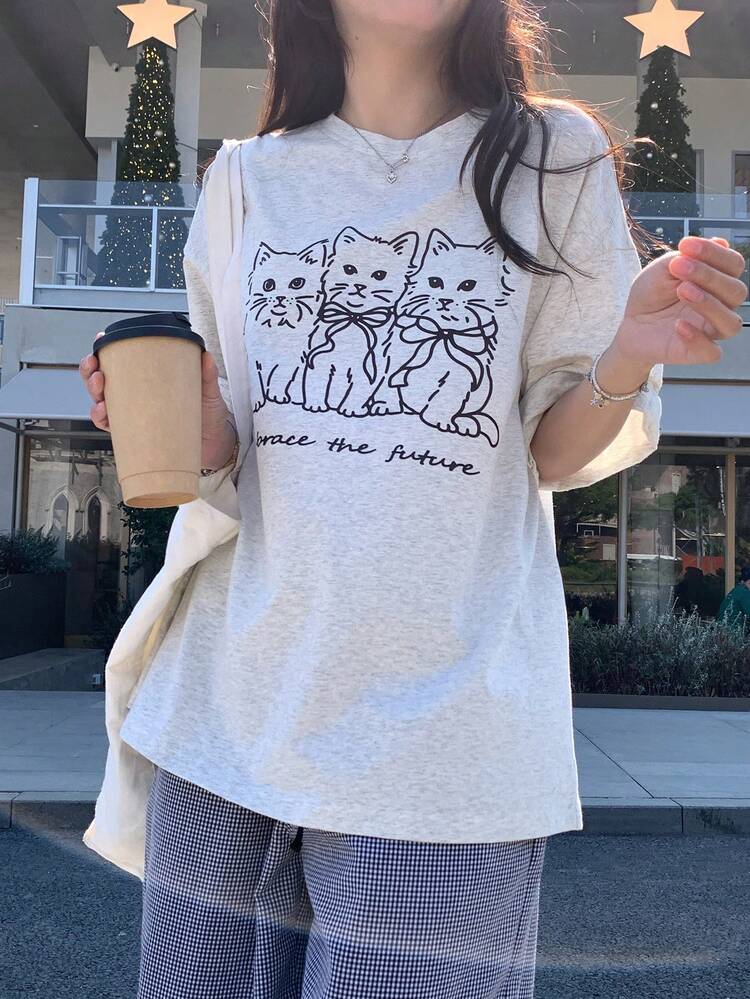 Women's Retro Cute Bow Tie Cat Short Sleeve Loose Cotton Casual T-Shirt Graphic Tees Women Oversized