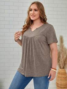 EMERY ROSE 大码夏季休闲纯色V领短袖T恤 - 巧克力棕 - 查看 6