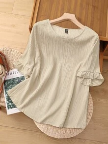 Rusticease 大码卡其色叶边下摆短袖衬衫，简约时尚休闲日常度假穿搭，适合春夏女装，西式女装，春夏款 - 杏色 - 查看 3