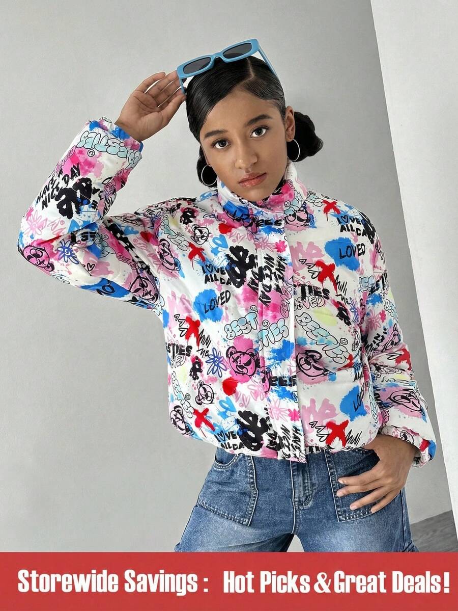 SHEIN Teen Girls Padded Graffiti Print Warm Jacket, Fall & Winter - Multicolor - View 1