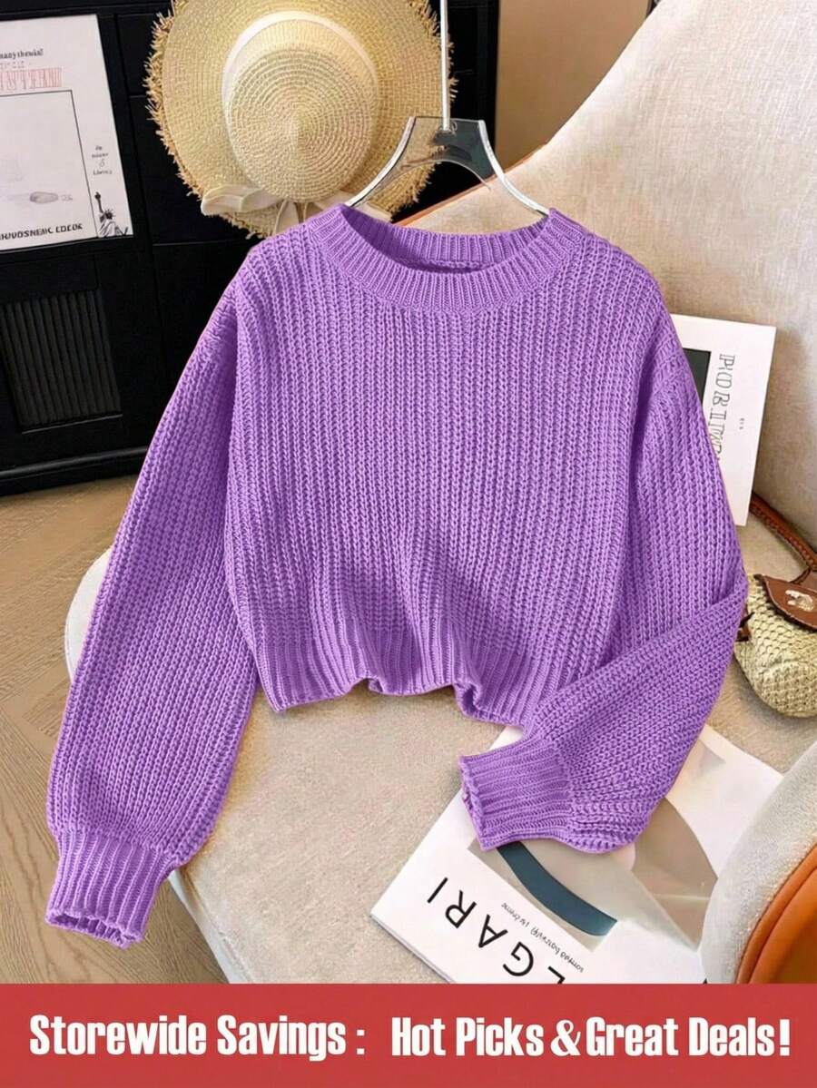 SHEIN Tween Girls' Casual Solid Color Cropped Pullover Sweater Girls Purple Sweater Purple Sweater Cropped Sweater Purple Girl Clothes Summer Clothes For Teens Sweater Girl Clothes Autumn And Winter Clothes Cropped Knit Sweater Cute Sweater Sweater For Tweens Knit Sweater Teen Girl Knit Sweaters For Girls Tween Sweaters Autumn And Winter Clothes Girls Clothes Sweater For Tweens Kids Sweaters Sweater For Girls 12 Year Old Girl Jumper Purple Or Lilac Purple Sweater For Girls Lilac Jumper - Mauve Purple - View 1