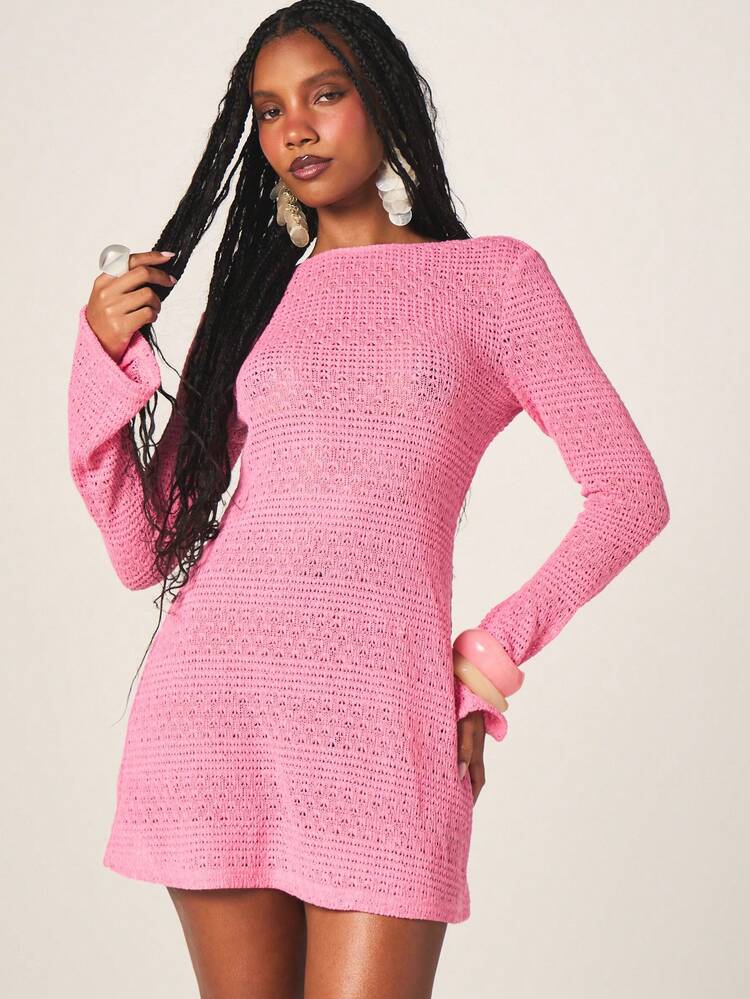 MISSGUIDED Long Sleeve Crochet Mini Dress Pink Open Knit Bodycon Party Cocktail Tie Back Detail Casual Day Evening Wear