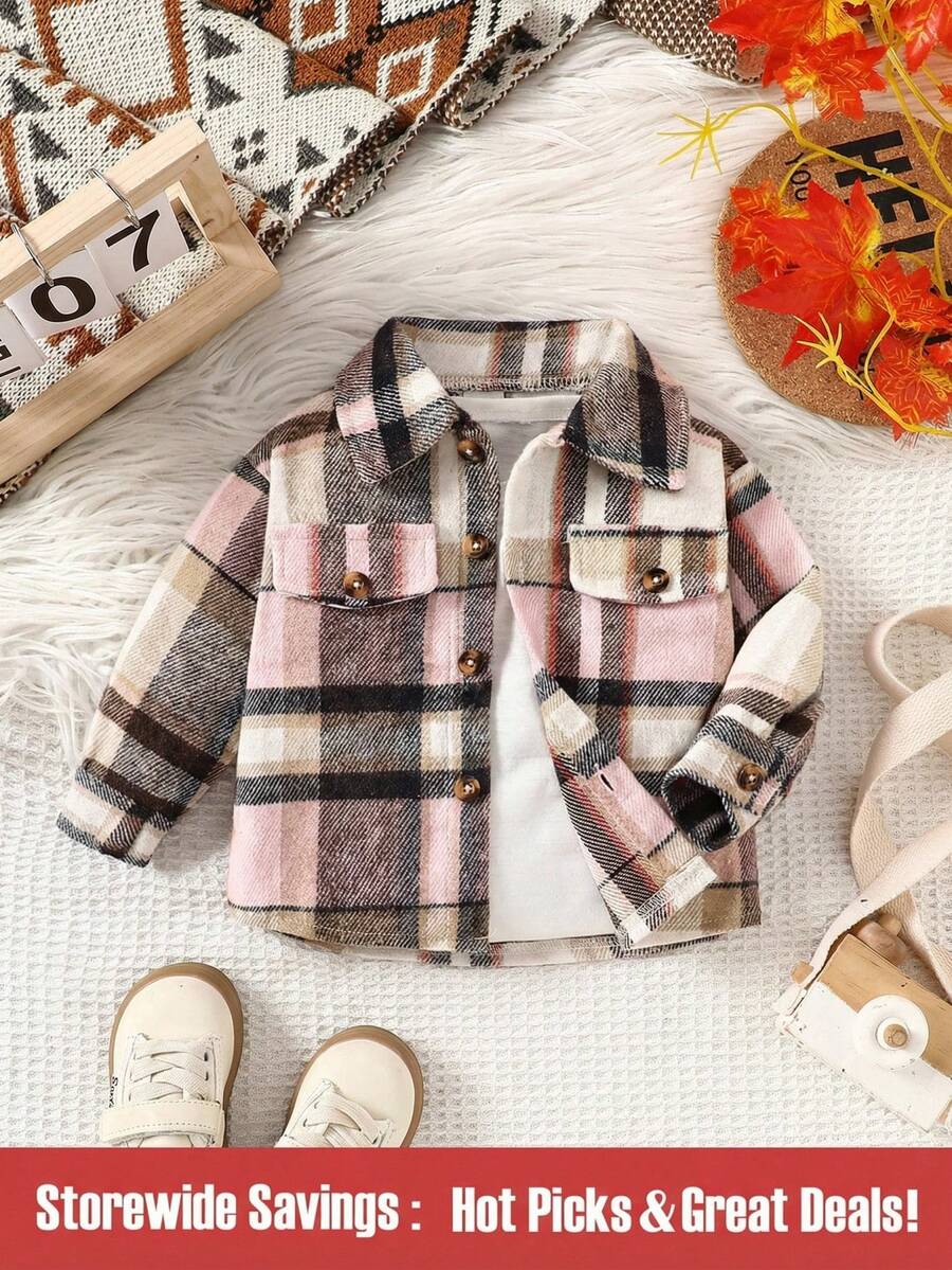 Chaqueta de uso diario con manga larga a cuadros con botones para bebé niña, ideal para Navidad - Rosa - Ver 1