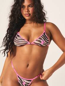 Missguided x Playboy 斑马纹网纱文胸和丁字裤内衣套装，配亮粉色滚边，三角罩杯，可调节肩带，性感两件套 - 彩色 - 查看 4