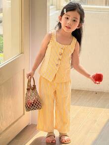 SHEIN 女童条纹印花方领背心和裤子休闲套装 - 黃色 - 查看 4