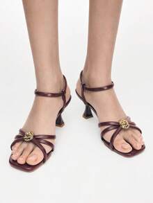 Mnmlis 女士搭扣设计时尚日常穿搭高跟凉鞋 - 酒紅色 - 查看 5