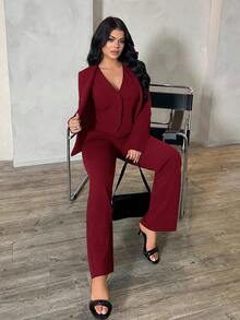 SHEIN SXY 三件套：深蓝色长袖西装外套、马甲和长裤，性感通勤约会套装，适合秋冬季、商务、复古、派对、度假、外出、老钱、妩媚动人、舞会、情人节、邮轮旅行、通勤、层次感丰富的搭配、约会之夜、聚会、极简主义、生日、正式场合、假期、休闲、得体、时尚、休闲、购物、街头风、外出等场合。女士红色西装套装，秋季必备。 - 酒紅色 - 查看 6