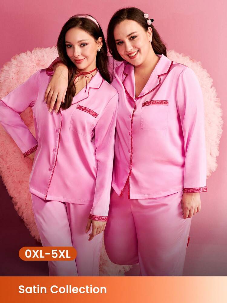 Seksowna satyna jedwabista plus size, luksusowa koronka, zapinana na guziki, długa piżama i komplet wypoczynkowy, przewiewny różowy komplet wypoczynkowy, bielizna, prezenty na walentynki, piżama, artykuły ślubne