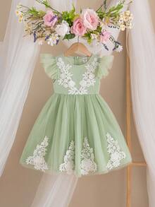 Young Girl Elegant & Cute Green Mesh Floral Applique Cap Sleeve Dress - Green - View 1