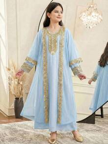 SHEIN 少女金色丝带撞色网纱开衫和V领连衣裙两件套 - 霧霾藍 - 查看 5