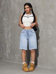 SHEIN Tall Women's Straight Leg Frayed Hem Loose Belted Casual Denim Shorts - Light Wash - View 6