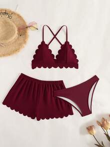 Swim Mod Bộ bikini gợi cảm màu đỏ tía buộc dây cổ dành cho nữ mùa hè, kèm váy ngắn. - Màu đỏ tím - Xem 1