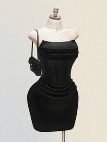 SHEIN ICON 加大码女士黑色性感抹胸紧身连衣裙 - 黑色 - 查看 6