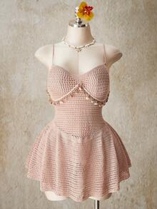 SHEIN ICON 大码性感V领贝壳流苏装饰低腰A字透视针织连衣裙 - 米色 - 查看 3