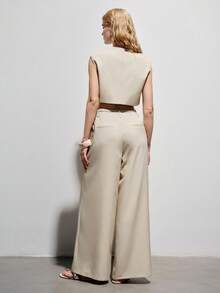 Aveloria Modichic Minimalist Elegant Women's Commuting Modern Versatile Sleeveless Single-Button Design Cropped Vest Suit Paired With Asymmetrical Waistband Loose Wide-Leg Suit Pants - Apricot - View 6