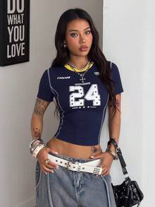 Coolane Women's Spring/Summer Streetwear Chic Y2K Daily Wear Number Pattern Navy Blue Short Sleeve T-Shirt - Navy Blue - View 1