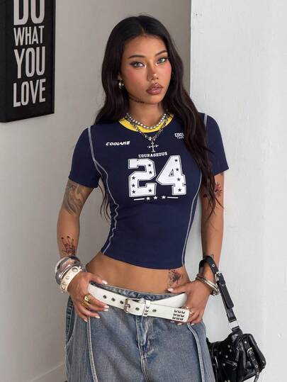 Coolane Women's Spring/Summer Streetwear Chic Y2K Daily Wear Number Pattern Navy Blue Short Sleeve T-Shirt