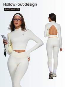 Eassivo Eassivo 女士运动上衣 新款时尚露背瑜伽长袖修身运动上衣 适合户外普拉提训练 - 米色 - 查看 1