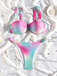 Swim Mod 2pcs Women's Swimwear Set,Pink Tie Dye Ruched Underwire Padded Bikini Top And High Cut Bottoms,Summer Casual Beach Vacation Holiday Pool Party Wear - Multicolor - View 3