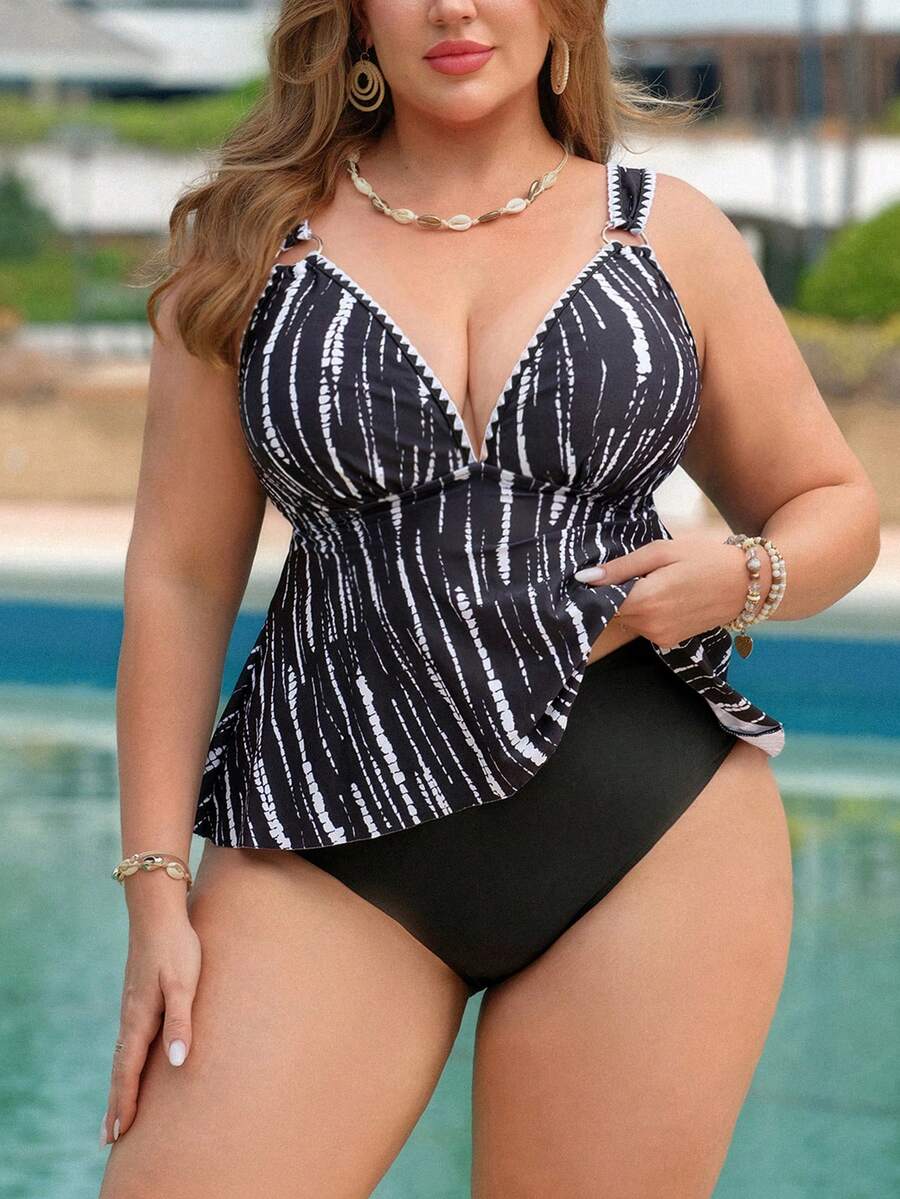 Swim Lushoire Plus Size Women's Black Two Pieces Tankini Swimwear,Summer Beach Vacation Holiday Minimalist Random Print Round Ring Wide Strap Pants Bathing Suit - Black - View 1