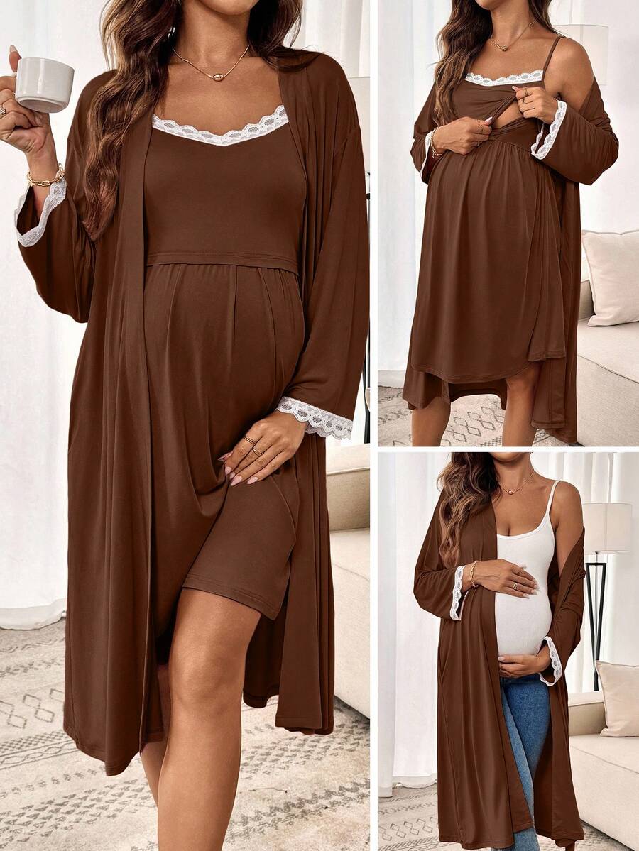 SHEIN 2件套孕妇蕾丝袖睡袍哺乳吊带裙，休闲套装 - 鏽棕色 - 查看 1