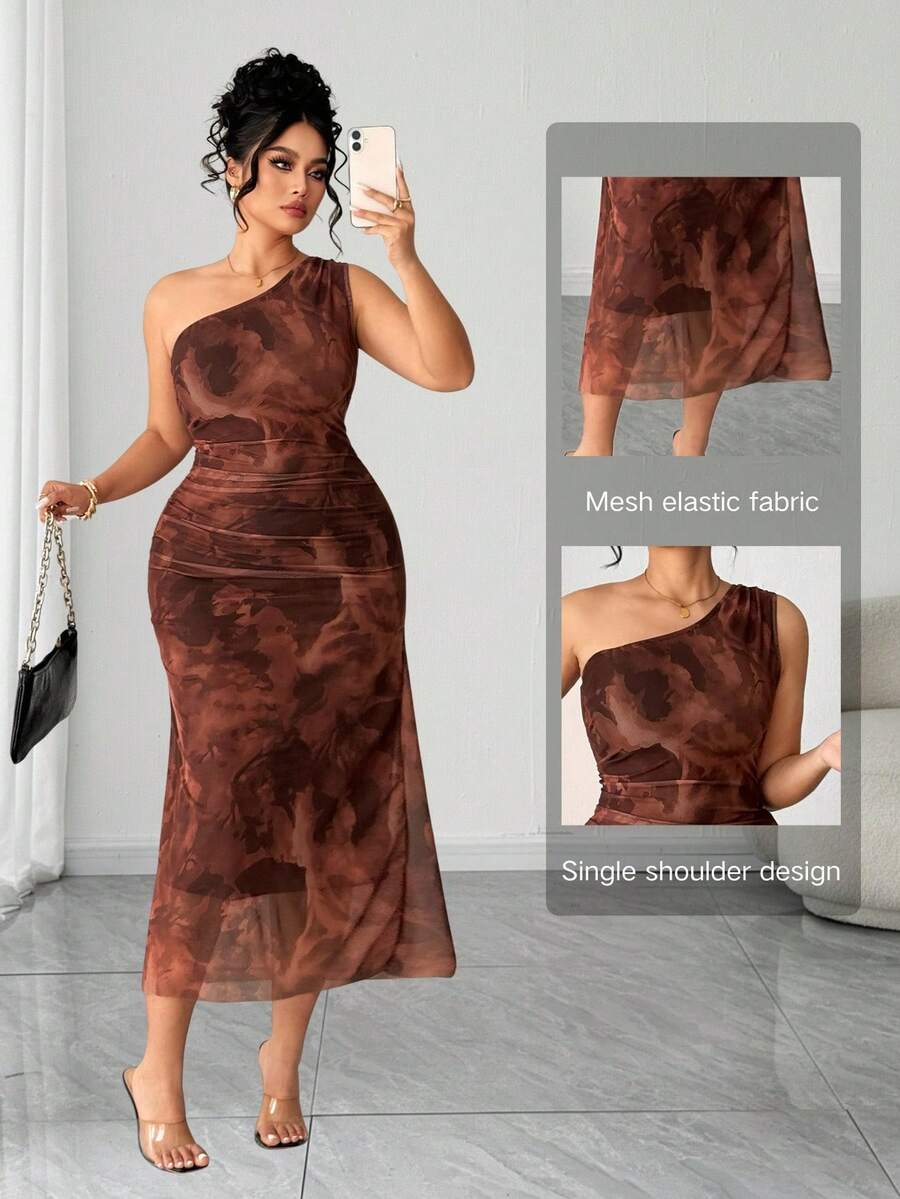Elenzga Plus Size Mesh Floral Print Asymmetrical Shoulder Dress Summer Dress Women's Floral Dress - Coral Orange - View 1