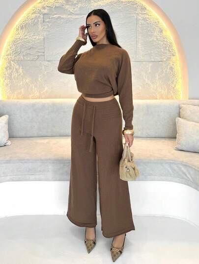 Shopreo 女士纯色圆领插肩袖长袖毛衣和抽绳腰针织裤休闲套装