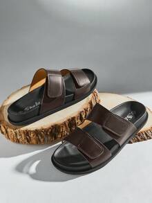 SHUZIA #ModernMinimal Men's Soft Footbed Twin-Band Hook And Loop Premium Faux Leather Coffee Slide Sandals – Clean Lines, Plush Comfort & Effortless Style - Coffee Brown - View 4
