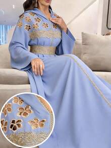 Al Najma Women's Floral Embroidery Hollow Out Dolman Sleeve Hooded Arabic Traditional Long Robe - Blue - View 1