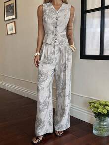 DAZY Women's Casual Floral Print V-Neck Faux Pocket Vest And Wide Leg Pants 2-Piece Set, Summer - Grey - View 7
