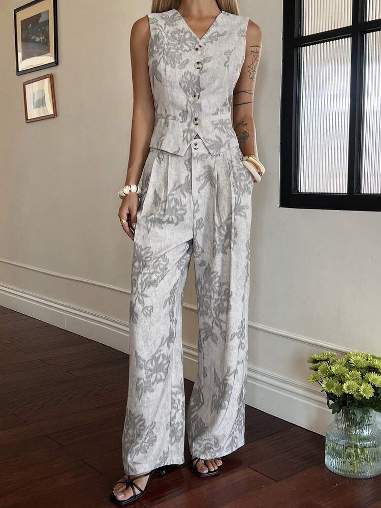 Women's Casual Floral Print V-Neck Faux Pocket Vest And Wide Leg Pants 2-Piece Set, Summer