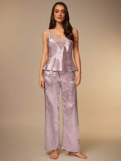 Silquee Conjunto de pijama con top de cami de satén con encaje de contraste y estampado jacquard floral y pantalones