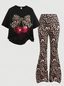 SHEIN Conjunto de camiseta holgada de manga caída con estampado de leopardo y pantalones acampanados para adolescentes - Multicolor - Ver 3