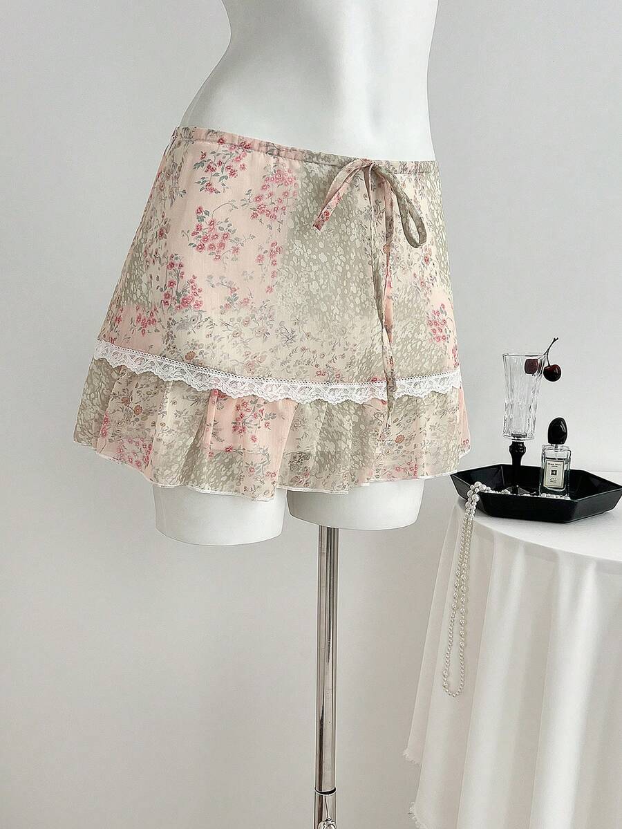 Elamini Chân váy ngắn ren xếp tầng thắt eo, họa tiết hoa nhiều màu sắc, gợi cảm dành cho nữ, thích hợp cho mùa xuân, hè và thu. - Nhiều màu - Xem 1
