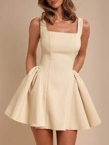 COSMINA 女士休闲纯色收腰迷你连衣裙，适合夏季日常穿着 - 杏色 - 查看 5