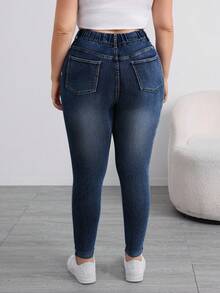 SHEIN ICON Quần jeans bó màu xanh đậm cỡ lớn, co giãn tốt, thoải mái và đa năng - Rửa tối - Xem 2