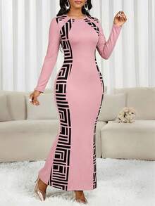 SHEIN Lady 女士圆领长袖几何印花修身优雅连衣裙 - 粉色 - 查看 4