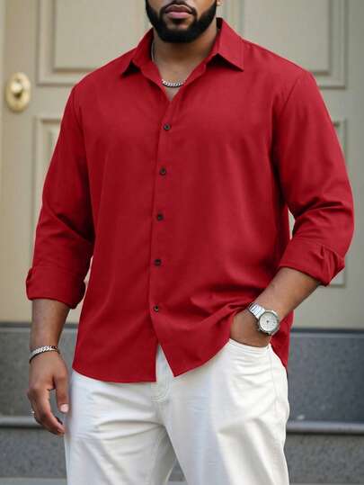 ResortEase 男士加大码纯色长袖衬衫，纽扣式纯色深红色外出衬衫，秋季