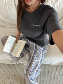 DAZY Women's Casual Letter Print Loose T-Shirt Top And Striped Pajama Pants Sleepwear Set, Summer - Grey - View 4