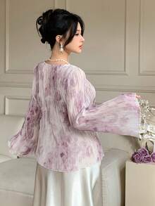 DAZY Áo thun nữ cổ tròn in họa tiết retro Pháp, tay loe, dáng ôm. - Màu Hồng baby - Xem 6