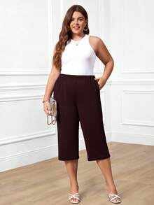 Miaspire Plus Size Casual Versatile Solid Color Pants With Pockets ,Summer Outfits For Women, Solid Capris Pants,Spring/Summer/Vacation,Commute, Daily Wear - Brown - View 4