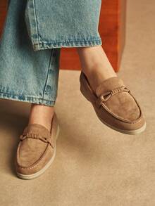 Rosivie Giày lười nữ thời trang thoải mái, mũi tròn, đế bằng, màu kaki, thích hợp cho kỳ nghỉ hè và thu, kiểu dáng slip-on, đế bằng, chất liệu dệt kim. - Màu Khaki - Xem 3