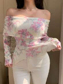 DAZY 女士优雅花卉针织毛衣，春夏款 - 白色 - 查看 1